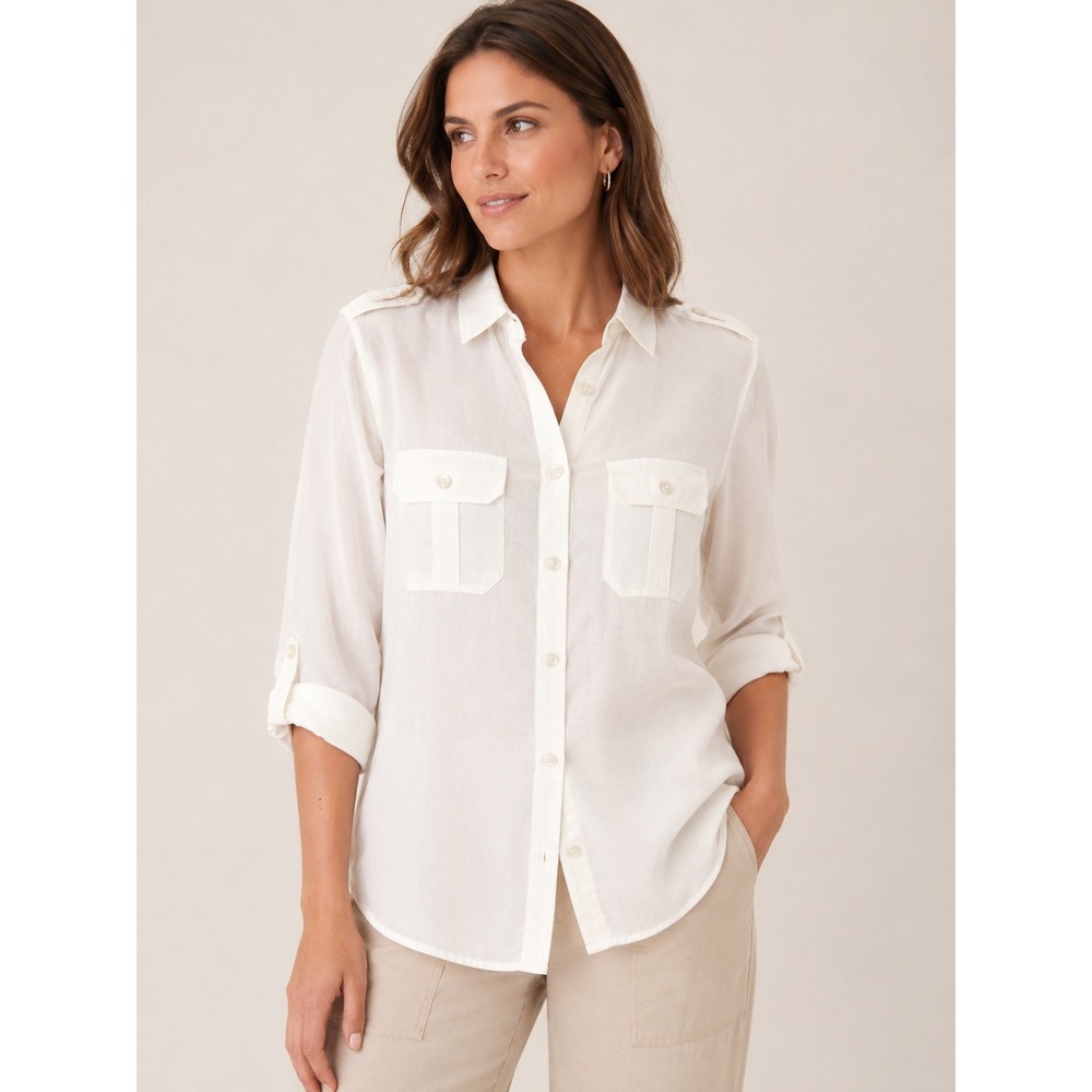 Banana Republic Cotton Silk Utility Blouse White Button Down Roll Tab Shirt S